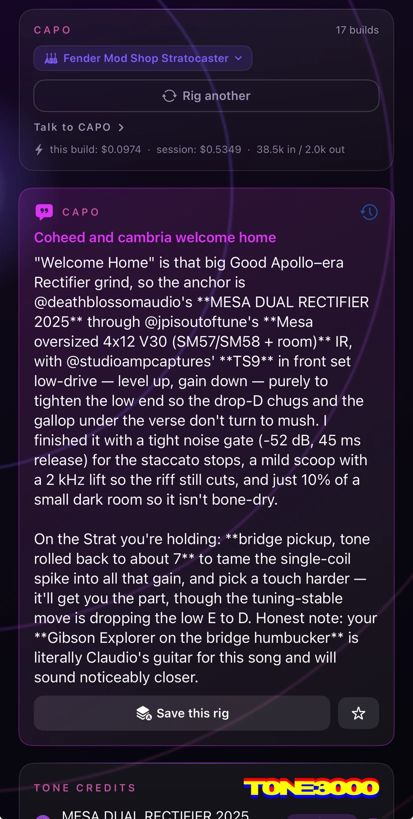 CAPO's write-up for Coheed and Cambria's Welcome Home in the ManifesTone iPhone app: settings for the Fender Stratocaster the player is holding, and a note that the Gibson Explorer they also own is the guitar used on the record.
