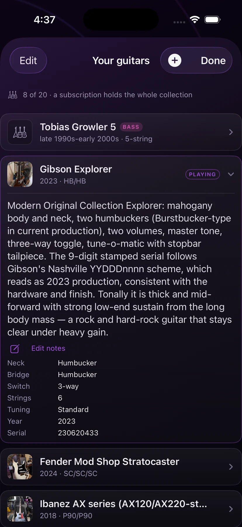 A Gibson Explorer opened out in the ManifesTone iPhone app, showing what CAPO worked out about it in prose — the pickups, the hardware, how its serial dates it and how it sounds — alongside its full specification.